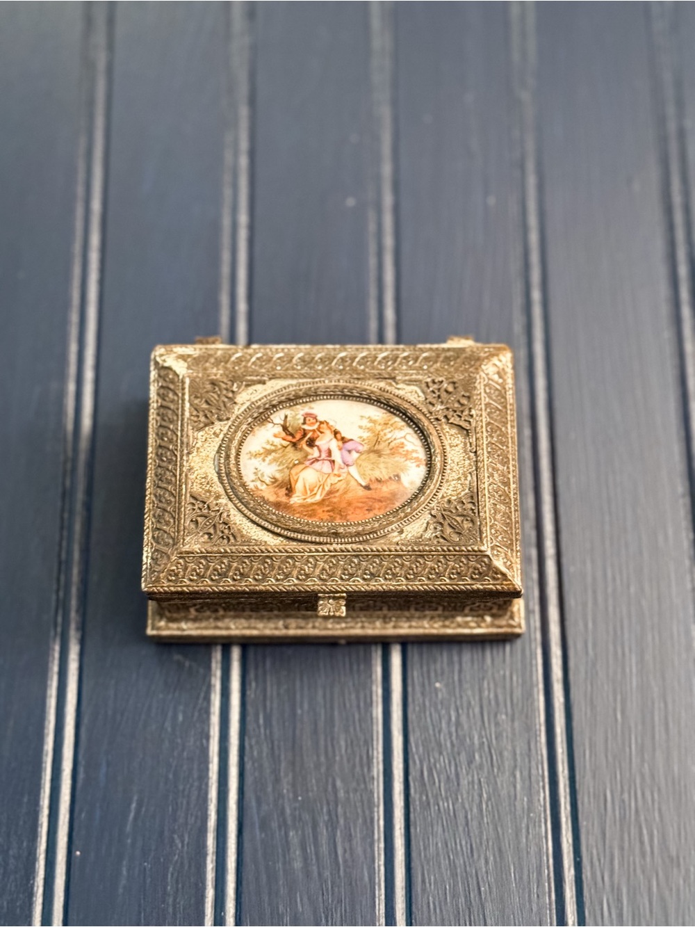 Vintage Ornate Metal Keepsake Box with Porcelain Courting Scene | Hinged Wood-Li